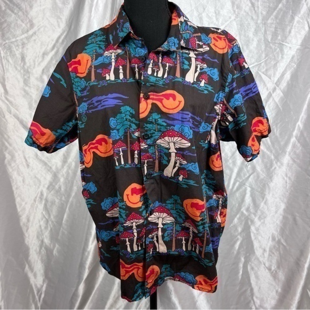 Psychedelic Fall Print Short Sleeve Top – Trippy Y2K 90s Vintage Tee Small